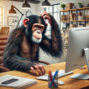 DALL·E 2024-07-22 10.12.56 - A chimpanzee sitting at a computer in a modern office. The chimpanzee has an irritated expression, scratching its head with one hand while the other h.webp